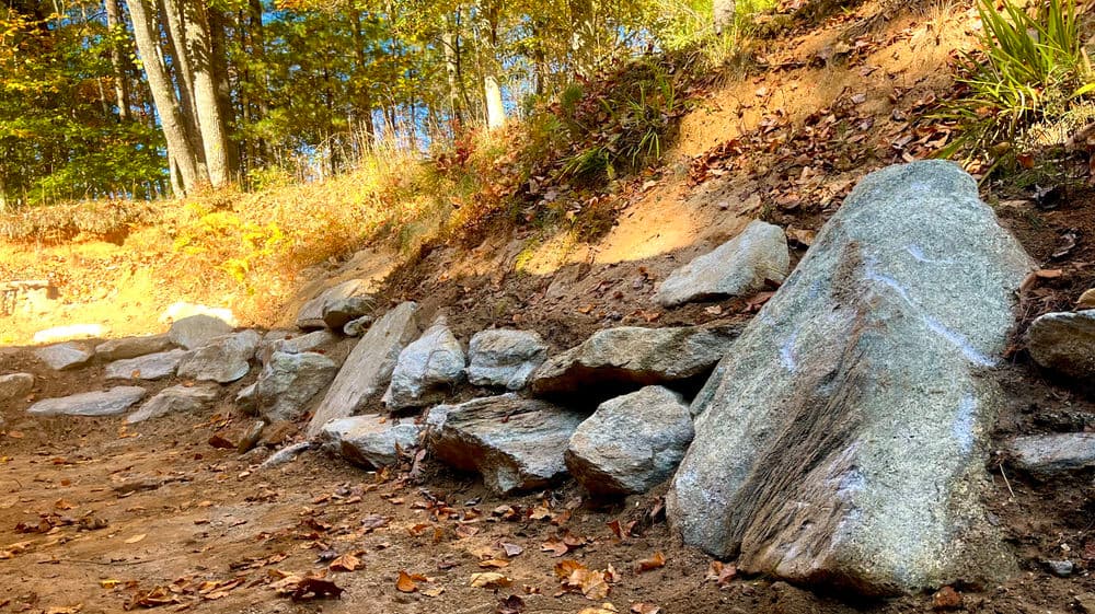 Natural stone pathway lined with large rocks and autumn foliage in a forest setting.