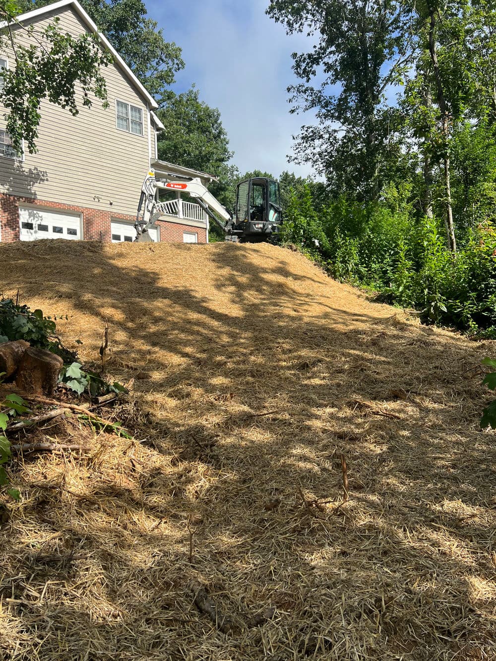 Excavator on a sloped yard with straw mulch, surrounded by trees and a house in the background.