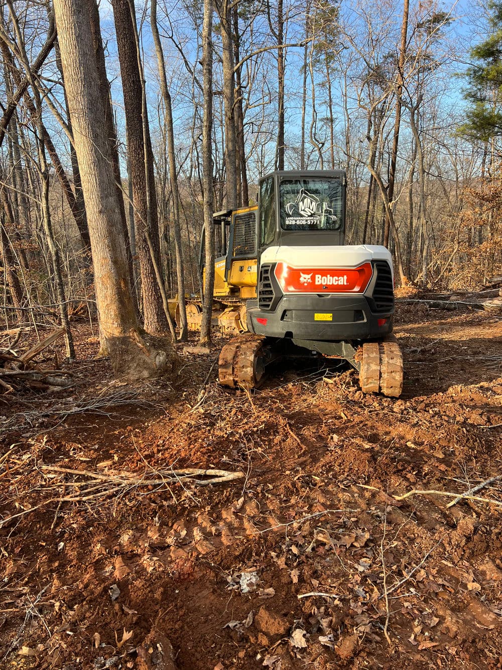 Bobcat excavator in a wooded area, preparing land for construction and clearing trees.