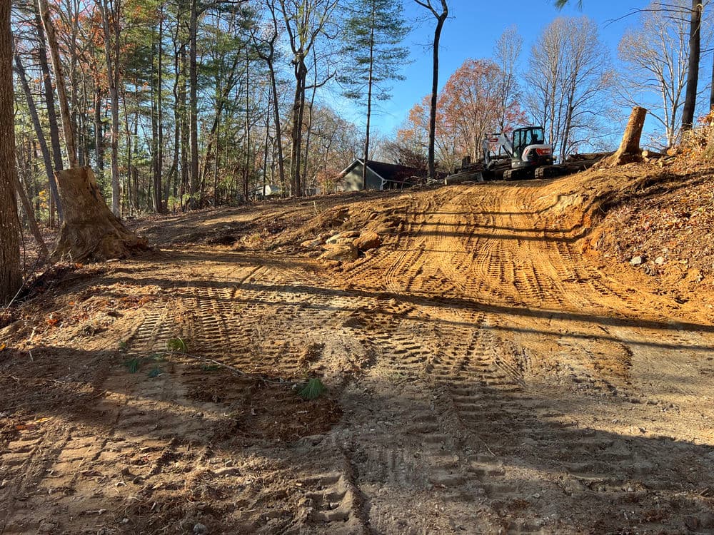 Cleared dirt road with tire tracks, trees removed, and machinery in a wooded area.